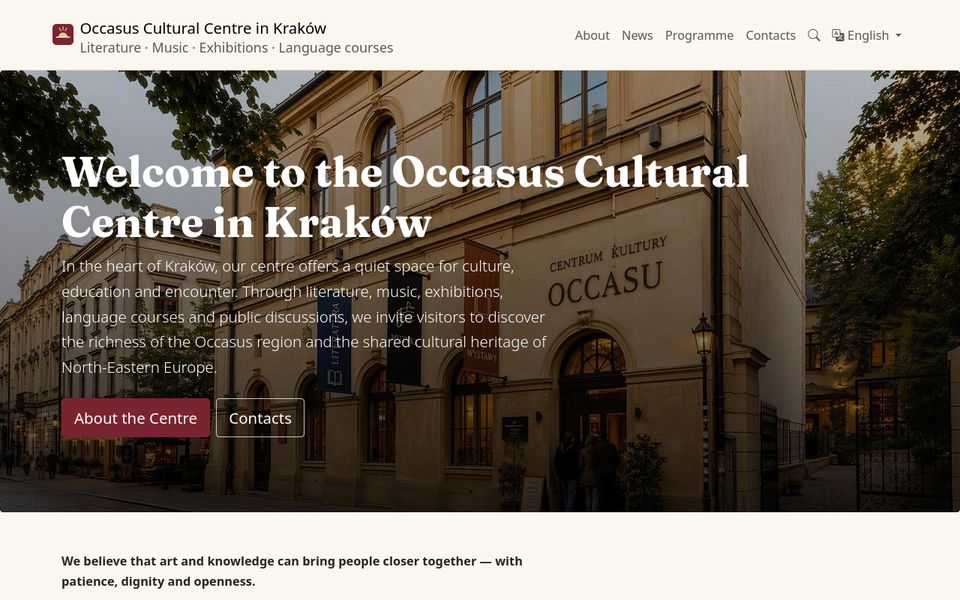 Homepage of Occasus Cultural Centre in Kraków